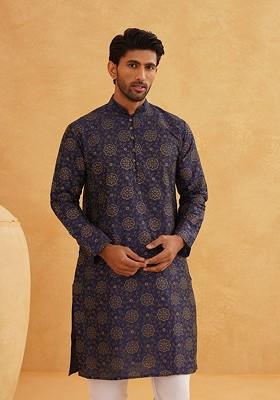 Navy Blue Ethnic Motifs Poly Blend Kurta For Men