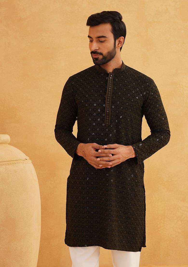 Green Sequin Work Cotton Kurta For Men - Indya