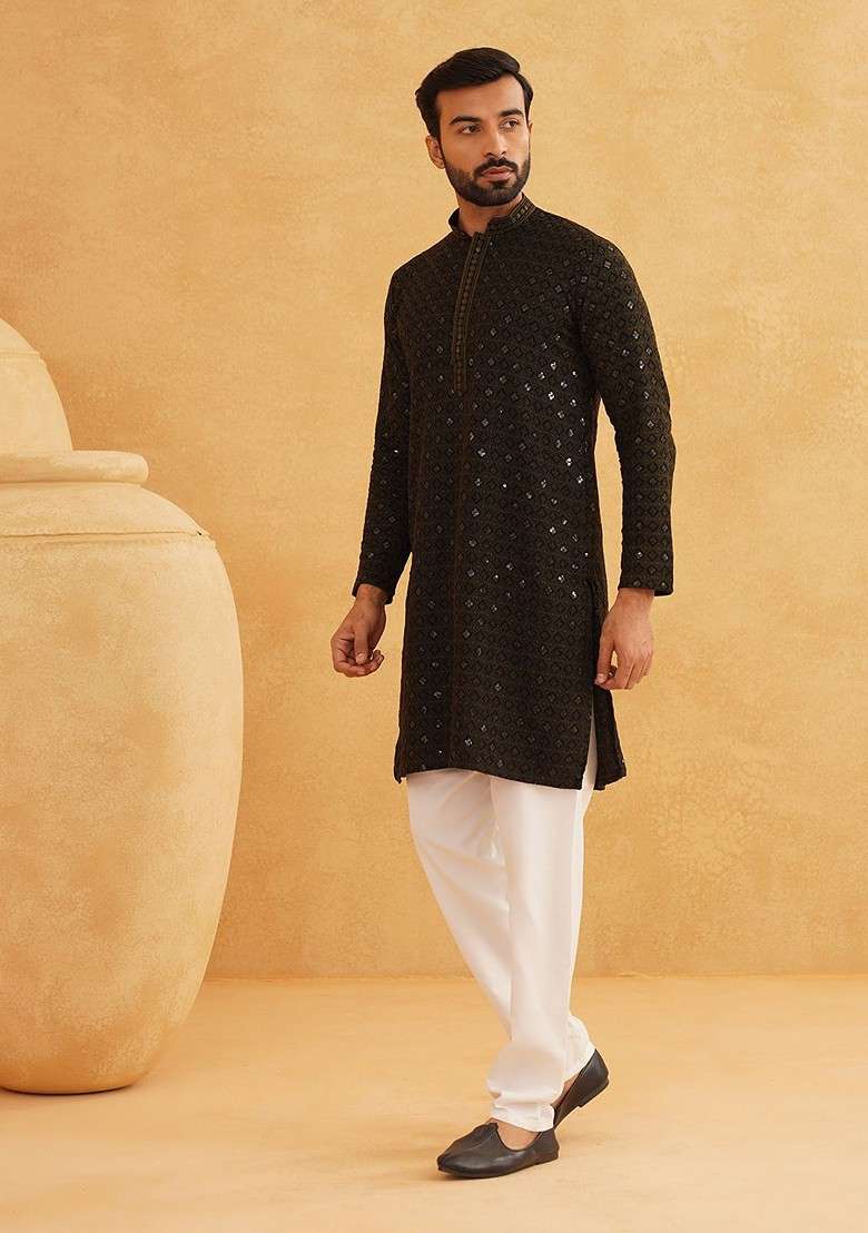 Green Sequin Work Cotton Kurta For Men - Indya