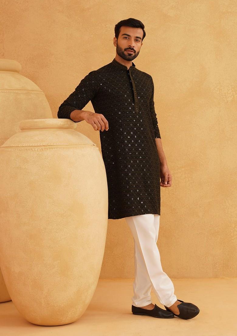 Green Sequin Work Cotton Kurta For Men