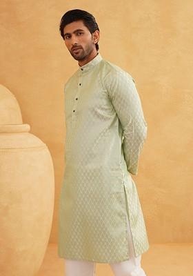Green Ethnic Motifs Poly Blend Kurta For Men