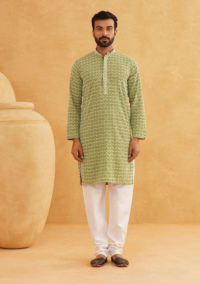 Green Sequin Work Cotton Kurta For Men - Indya