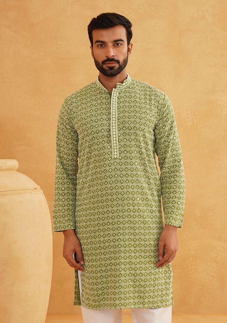 Green Sequin Work Cotton Kurta For Men