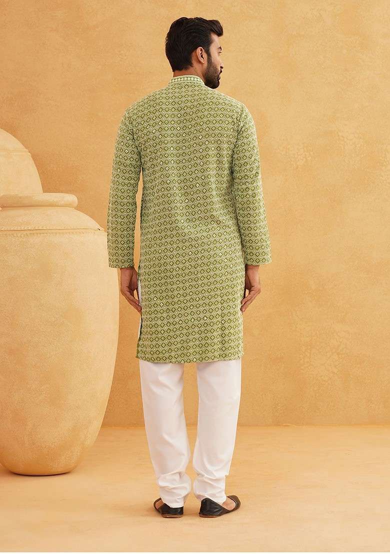 Green Sequin Work Cotton Kurta For Men - Indya