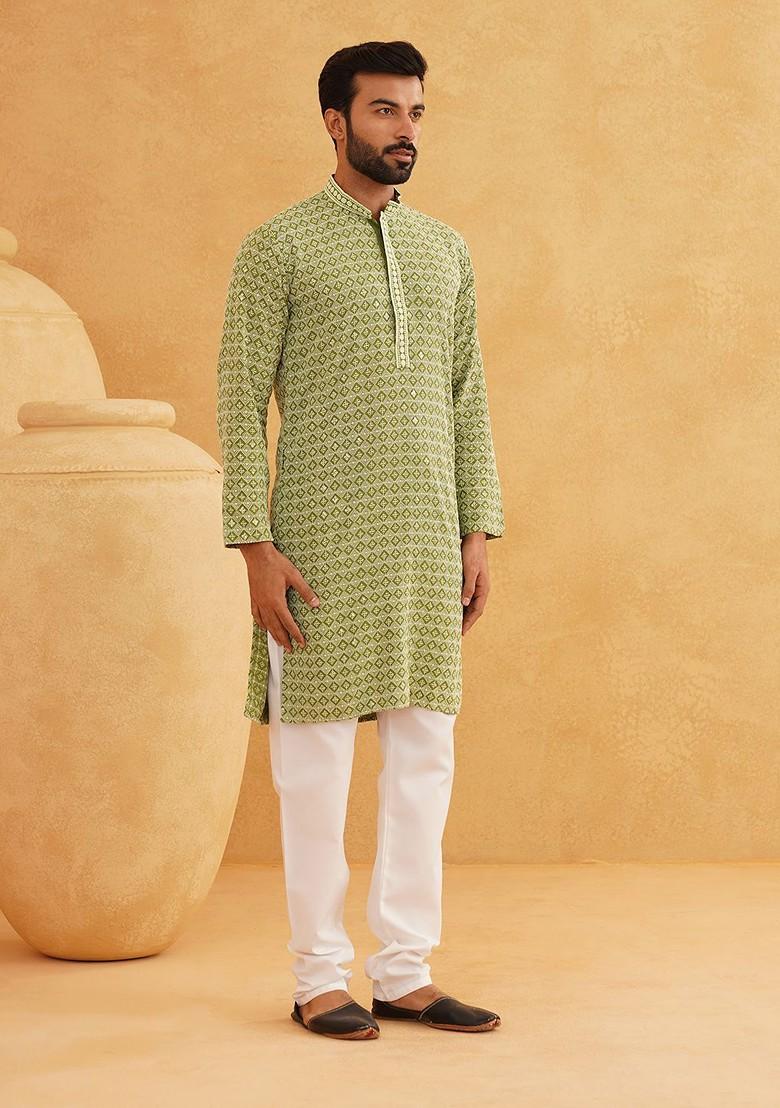 Green Sequin Work Cotton Kurta For Men