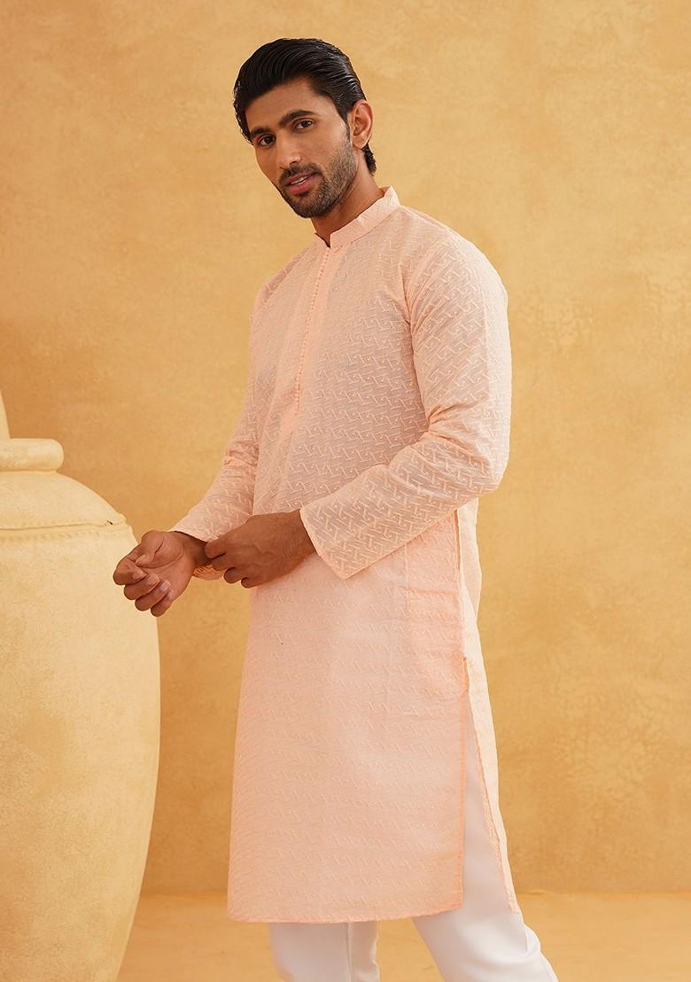 Peach Ethnic Motifs Cotton Kurta For Men