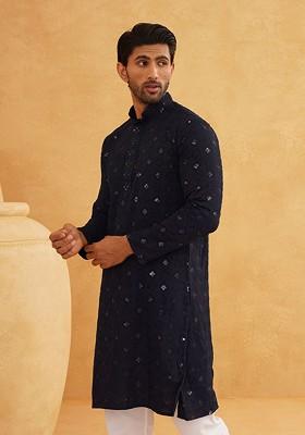 Navy Blue Embroidered Cotton Kurta For Men