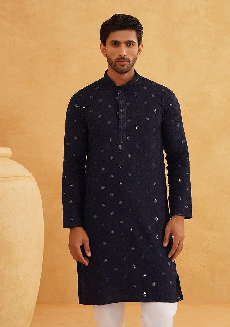 Navy Blue Embroidered Cotton Kurta For Men