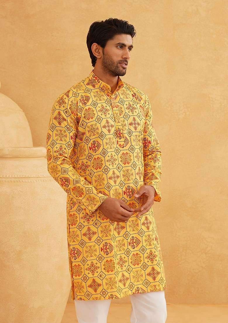 Yellow Ethnic Motifs Poly Blend Kurta For Men - Indya