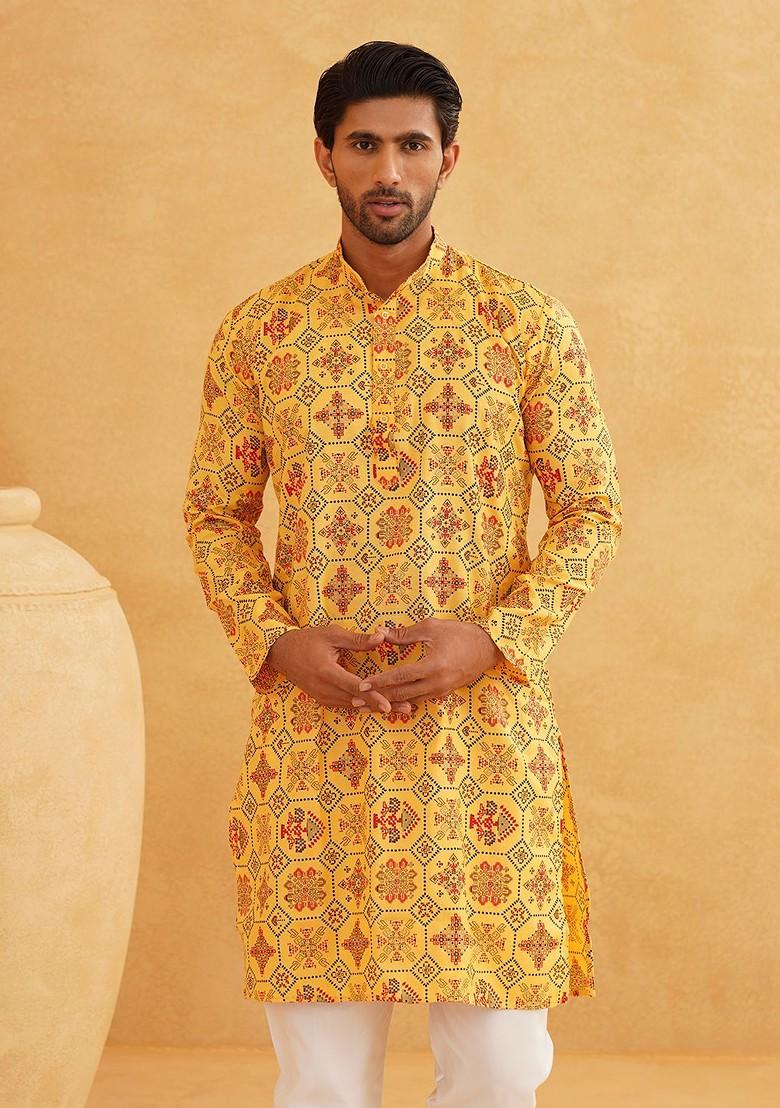 Yellow Ethnic Motifs Poly Blend Kurta For Men