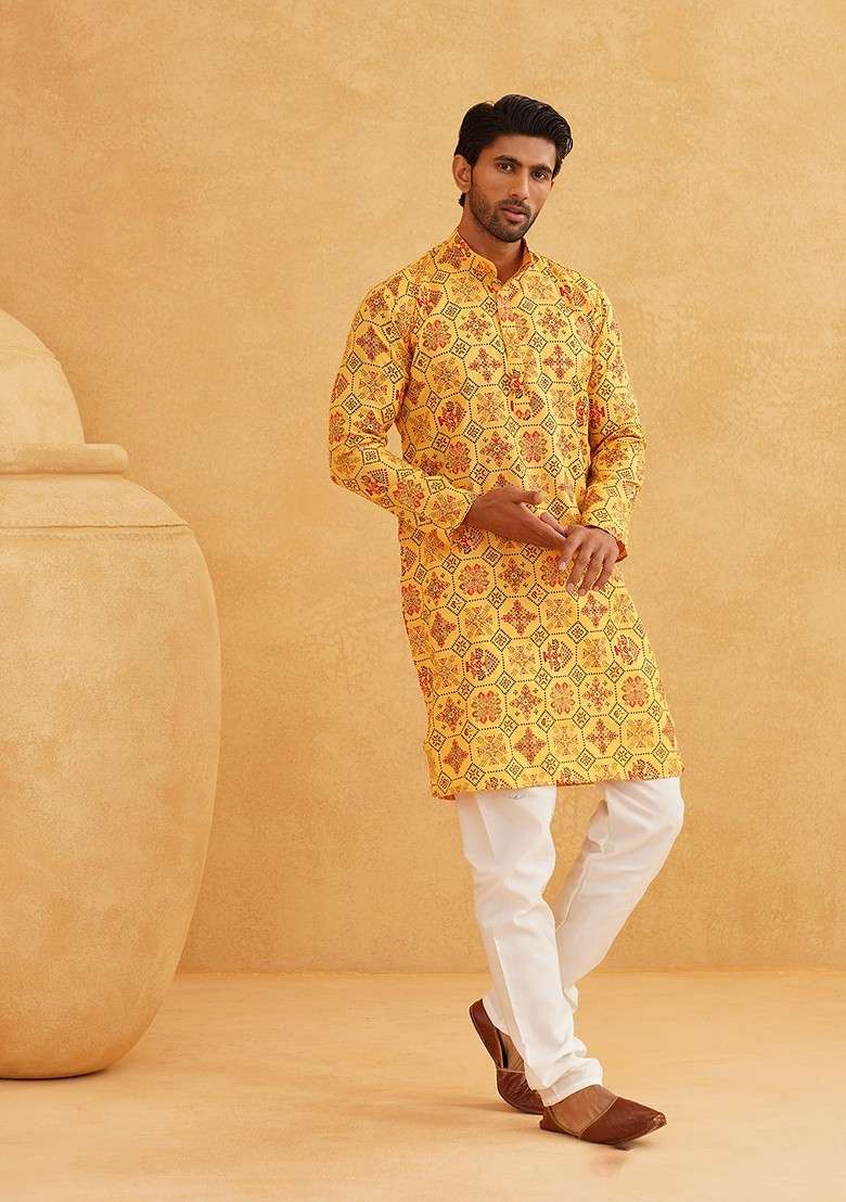 Yellow Ethnic Motifs Poly Blend Kurta For Men - Indya