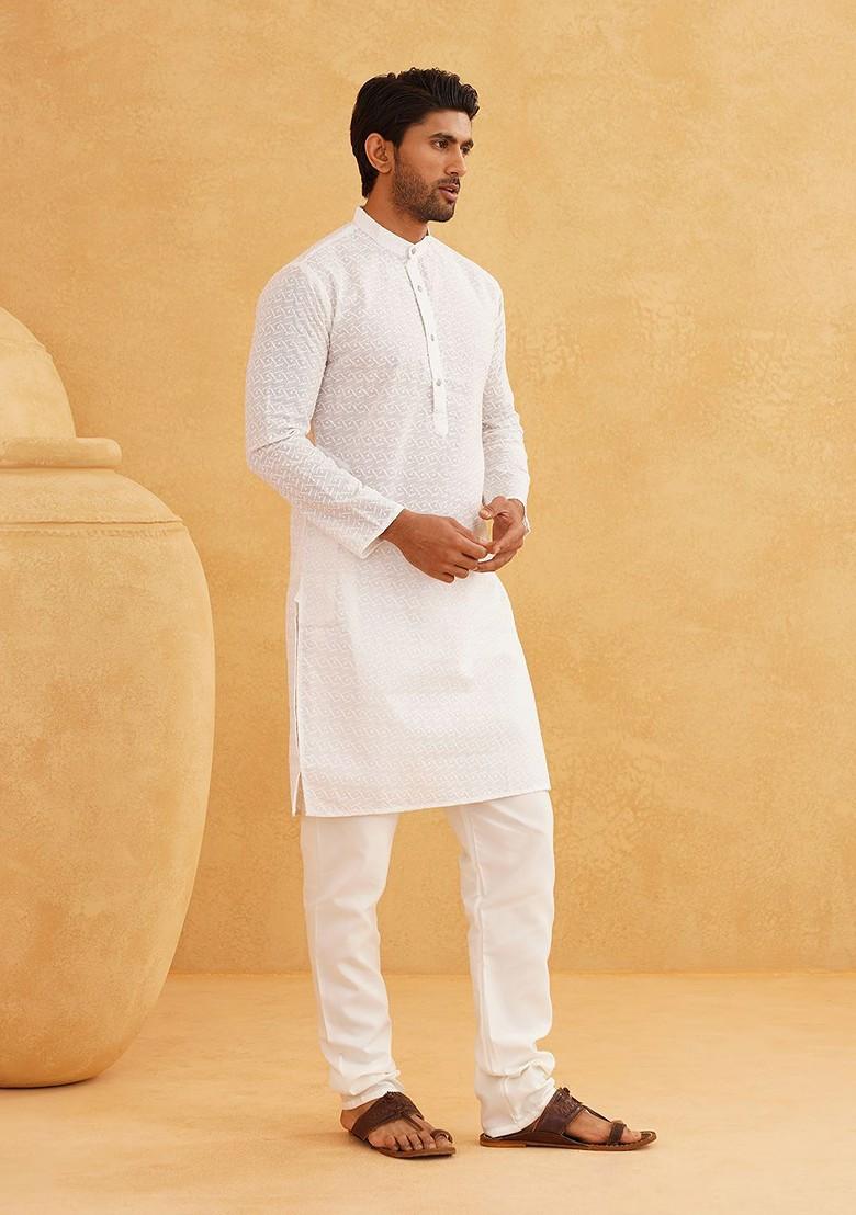 White Ethnic Motifs Cotton Kurta For Men