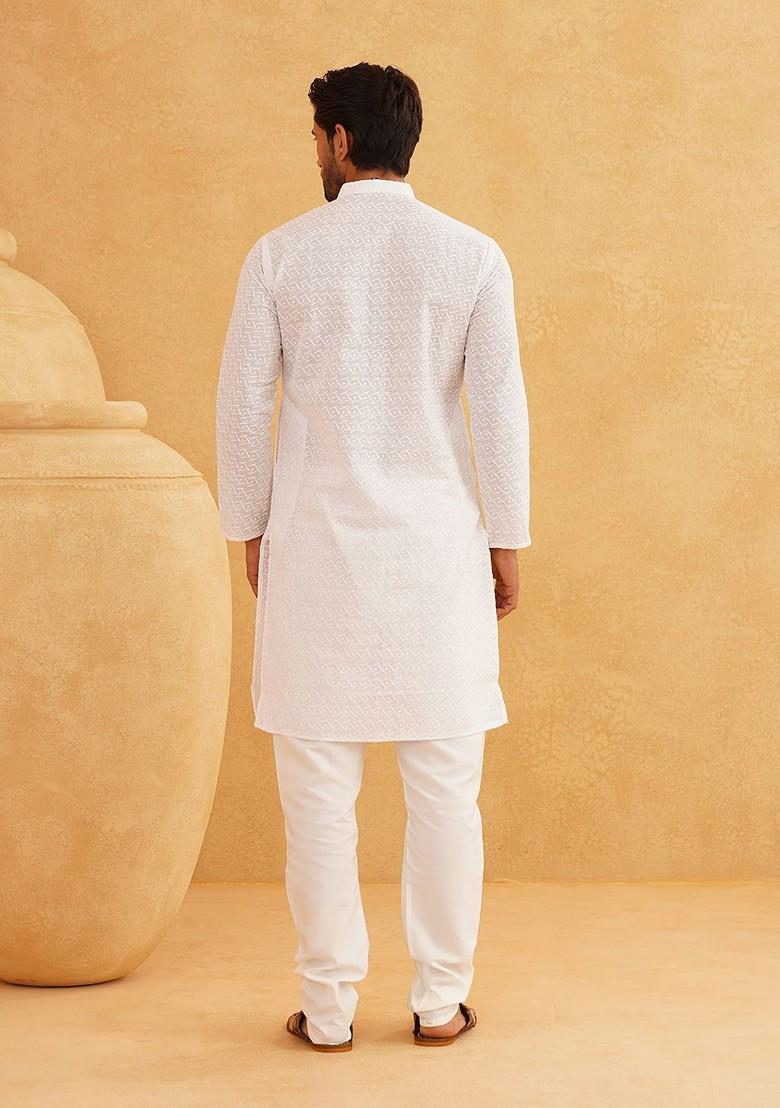 White Ethnic Motifs Cotton Kurta For Men