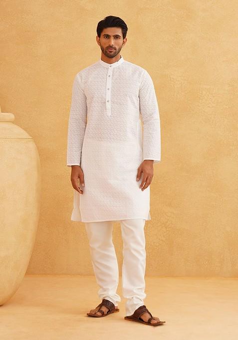 White Ethnic Motifs Cotton Kurta For Men