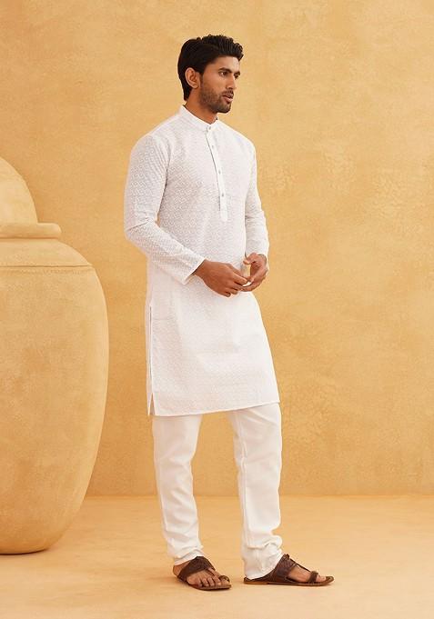 White Ethnic Motifs Cotton Kurta For Men