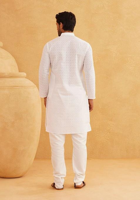 White Ethnic Motifs Cotton Kurta For Men