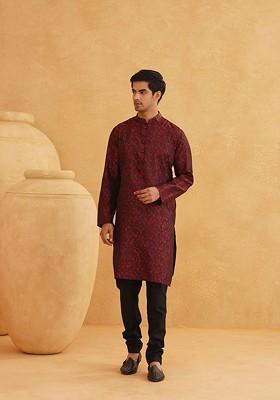 Maroon Woven Poly Blend Kurta For Men