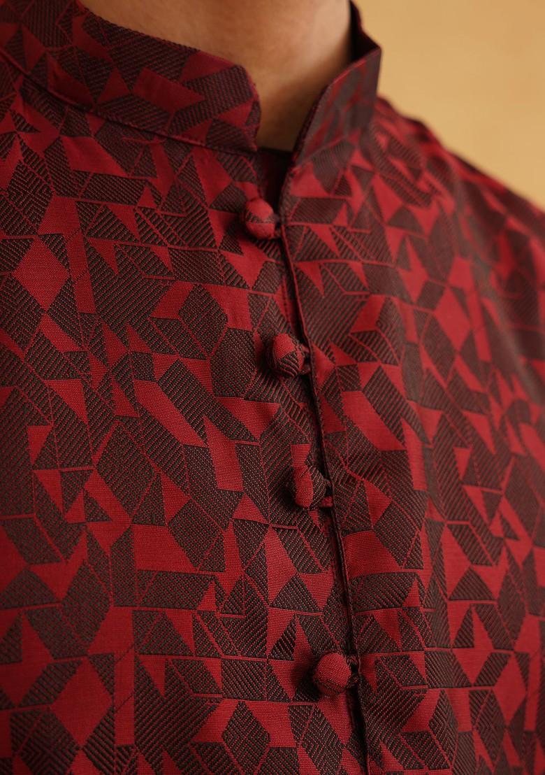 Maroon Woven Poly Blend Kurta For Men