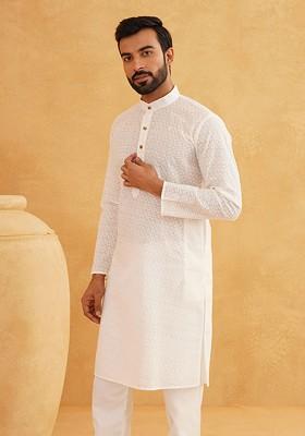 Cream Ethnic Motifs Cotton Kurta For Men