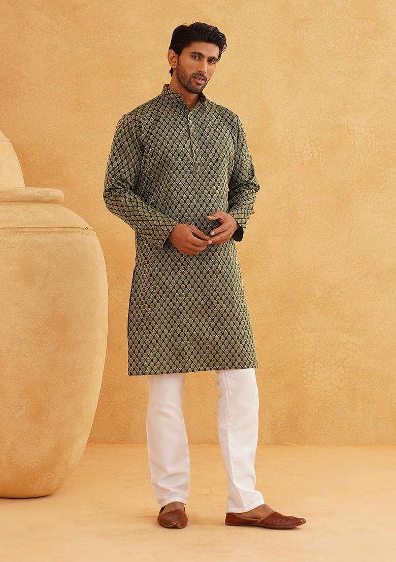 Green Woven Poly Blend Kurta For Men