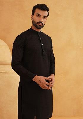 Black Embroidered Cotton Kurta For Men