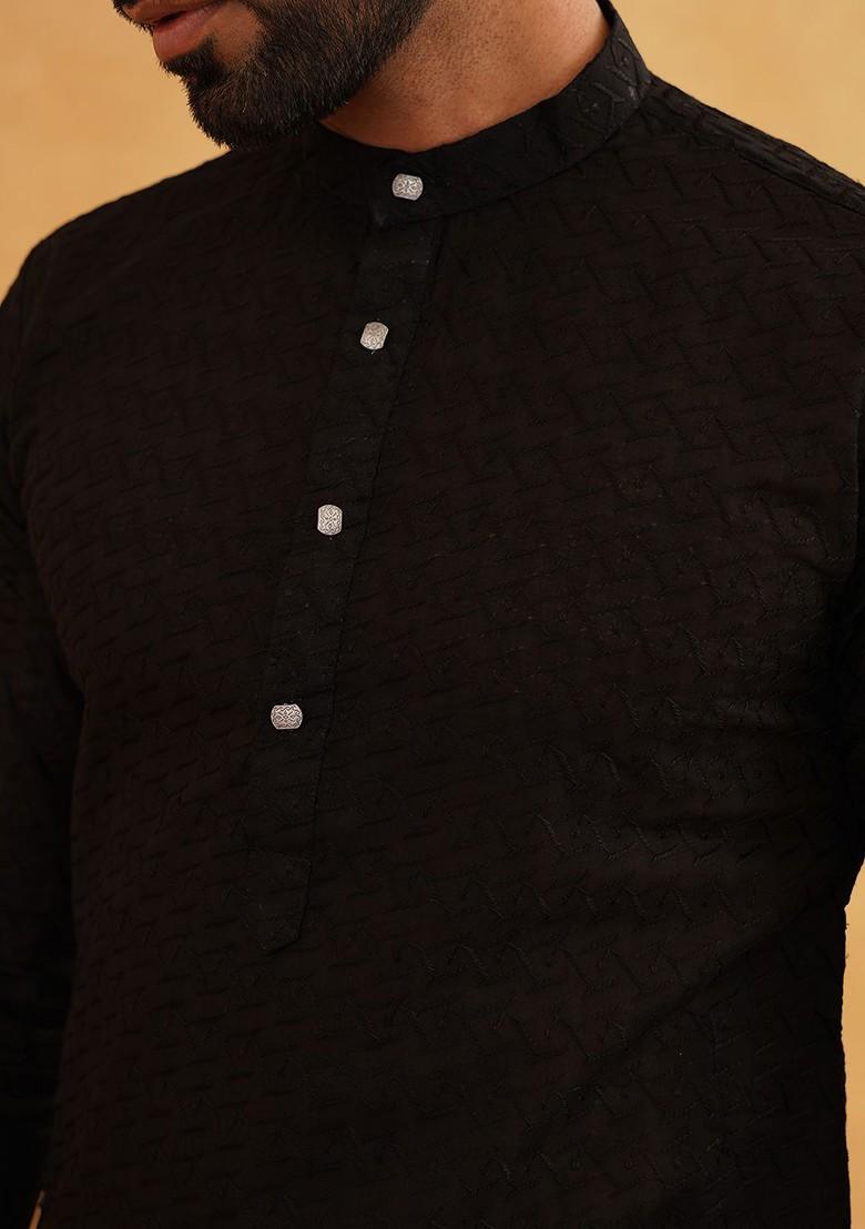 Black Embroidered Cotton Kurta For Men