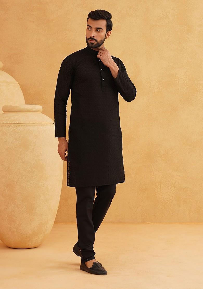 Black Embroidered Cotton Kurta For Men