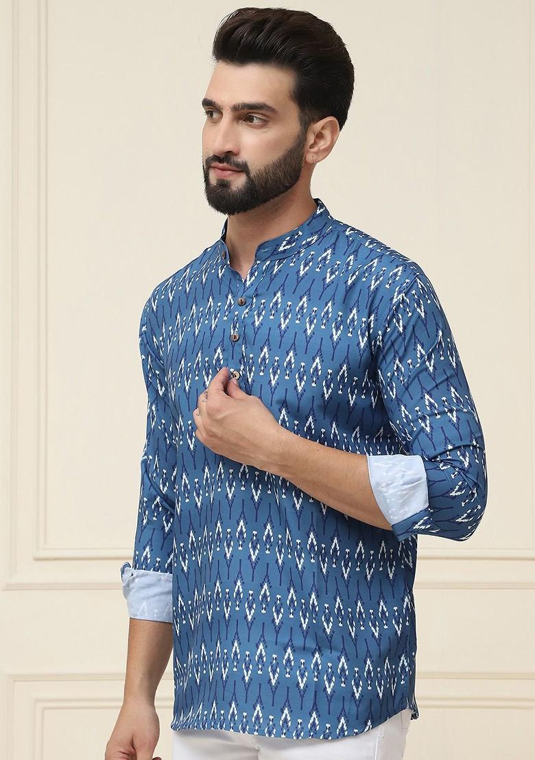 Blue Ethnic Motifs Cotton Kurta For Men