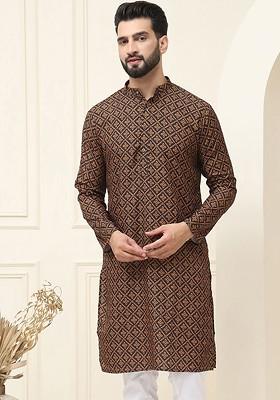 Black Ethnic Motifs Cotton Kurta For Men