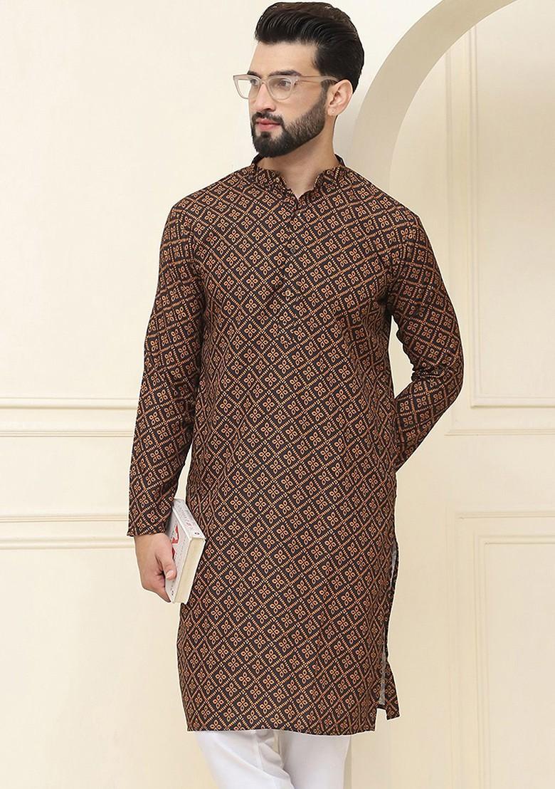 Black Ethnic Motifs Cotton Kurta For Men
