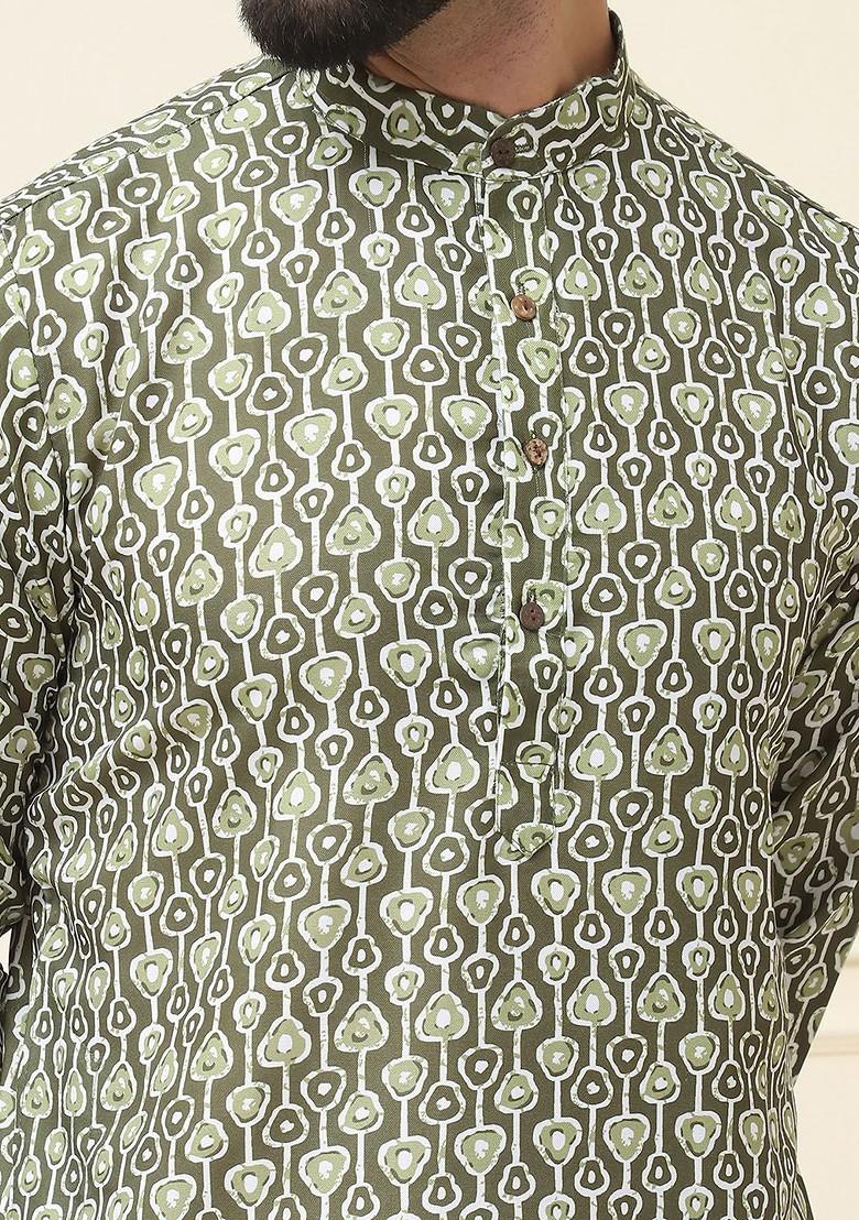 Green Printed Cotton Kurta For Men