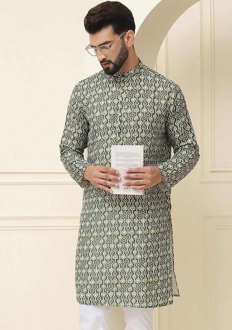 Green Printed Cotton Kurta For Men