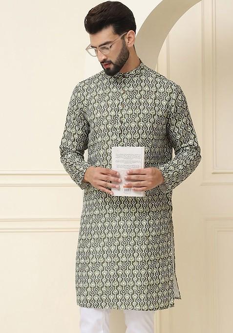 Green Printed Cotton Kurta For Men