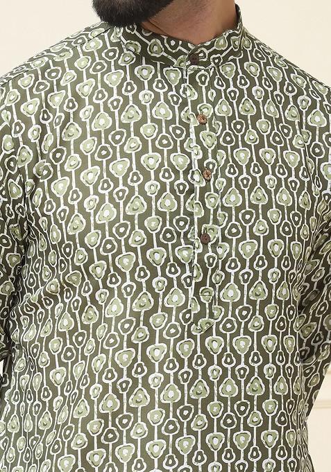 Green Printed Cotton Kurta For Men