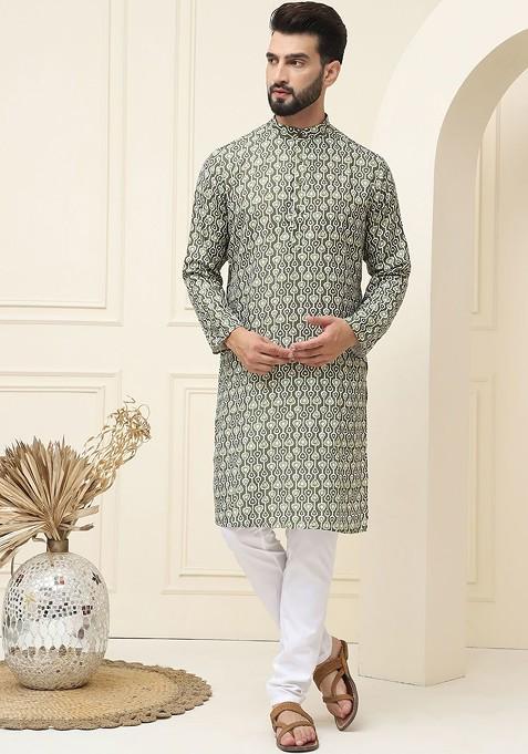 Green Printed Cotton Kurta For Men