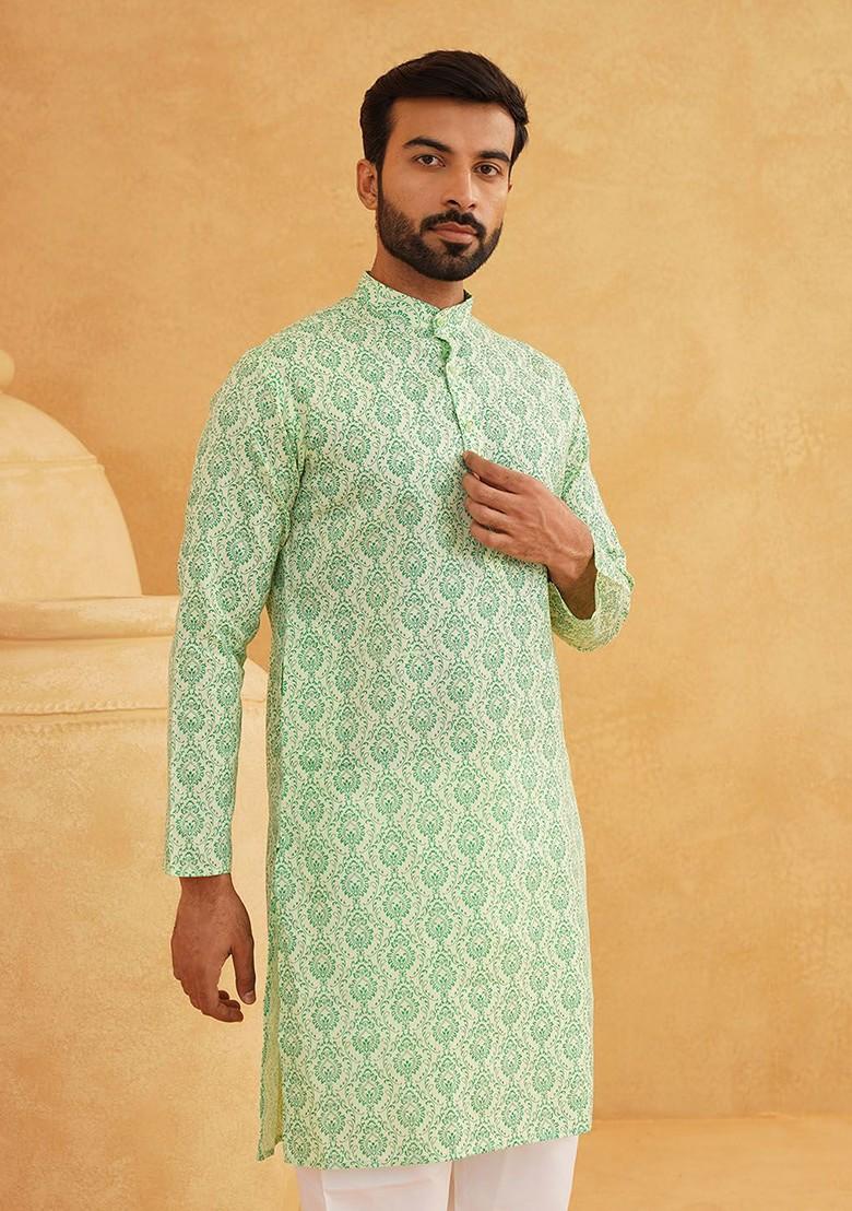 Green Ethnic Motifs Poly Blend Kurta For Men