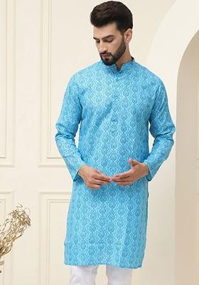 Blue Ethnic Motifs Cotton Kurta For Men