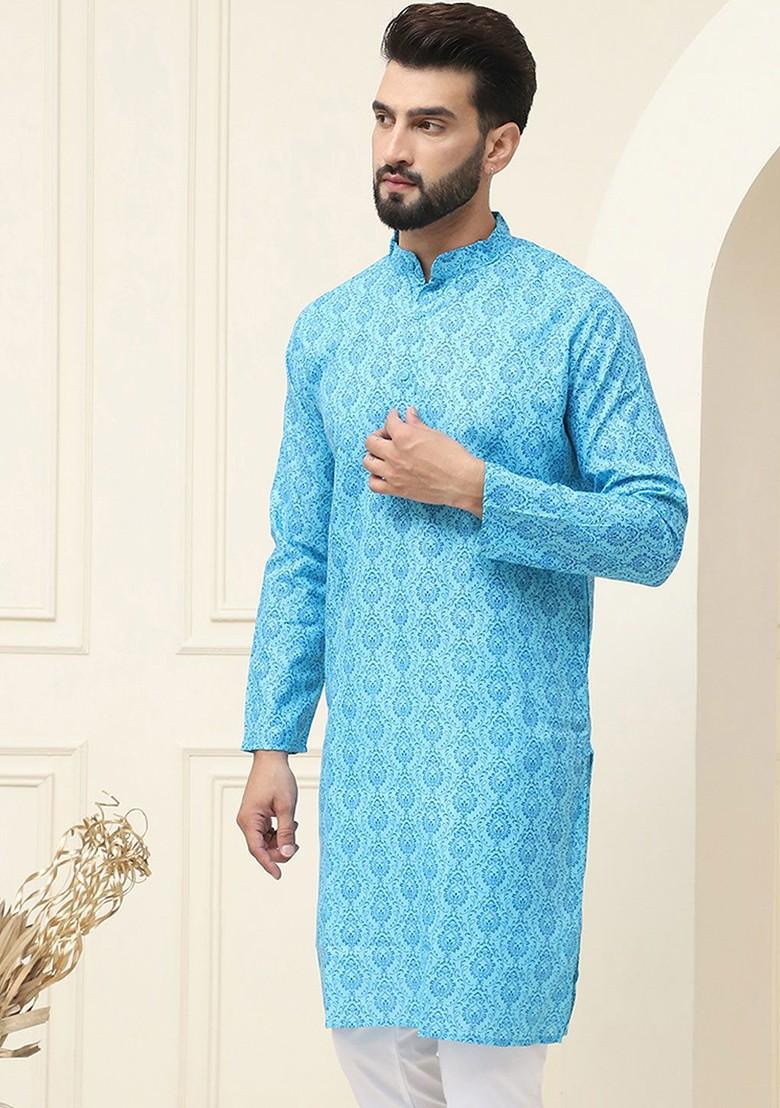 Blue Ethnic Motifs Cotton Kurta For Men