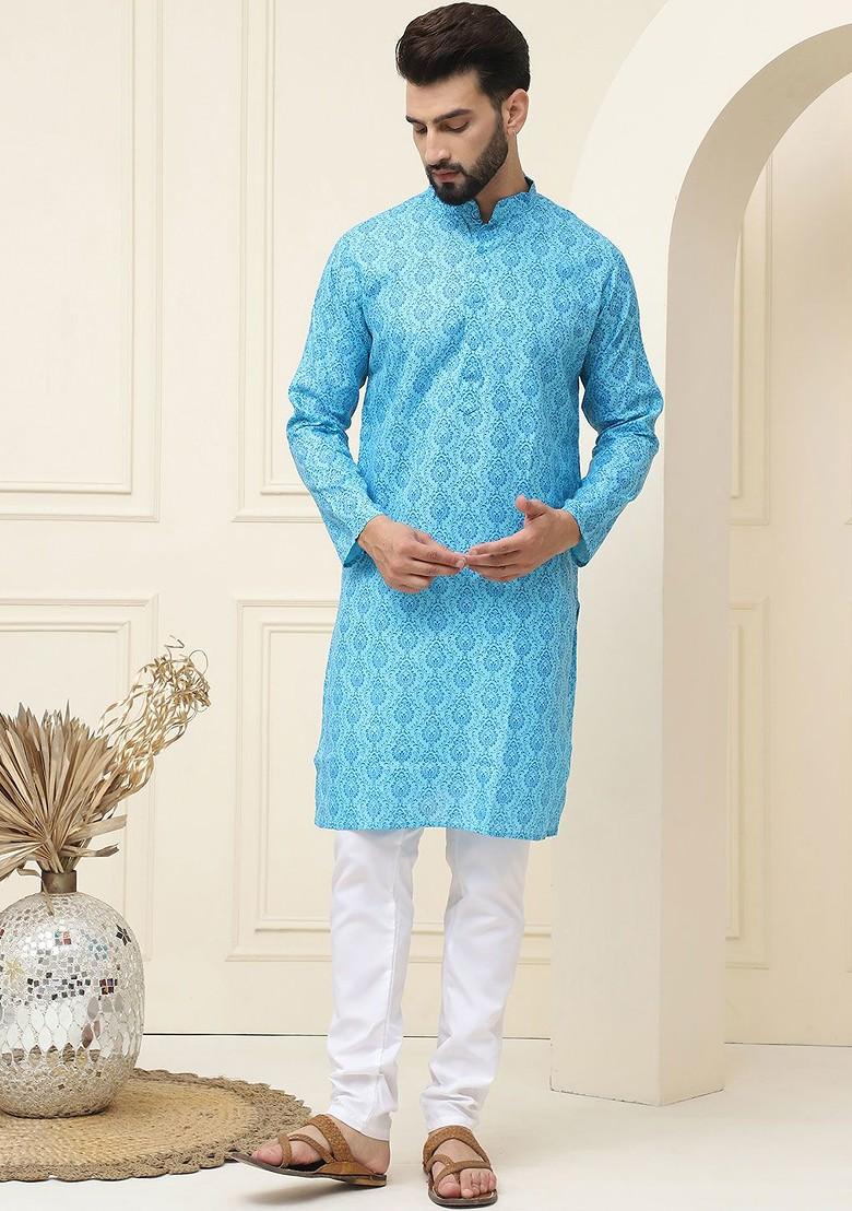 Blue Ethnic Motifs Cotton Kurta For Men
