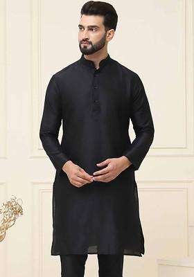 Black Solid Poly Blend Kurta For Men