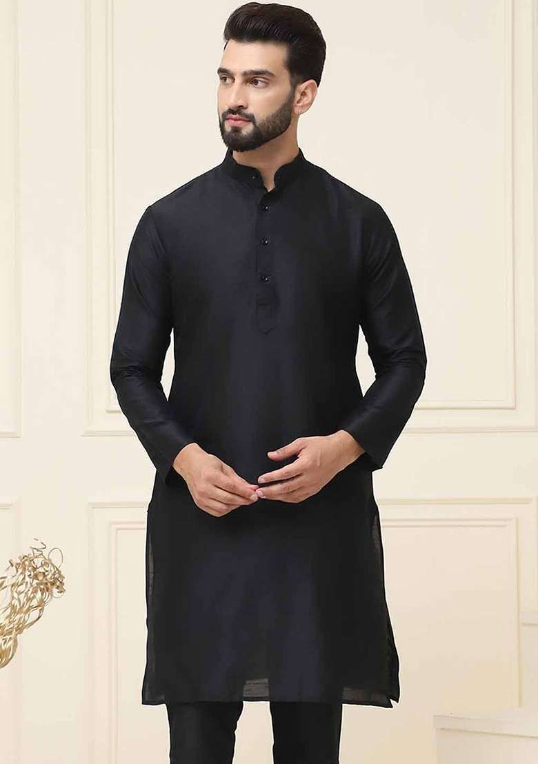 Black Solid Poly Blend Kurta For Men - Indya