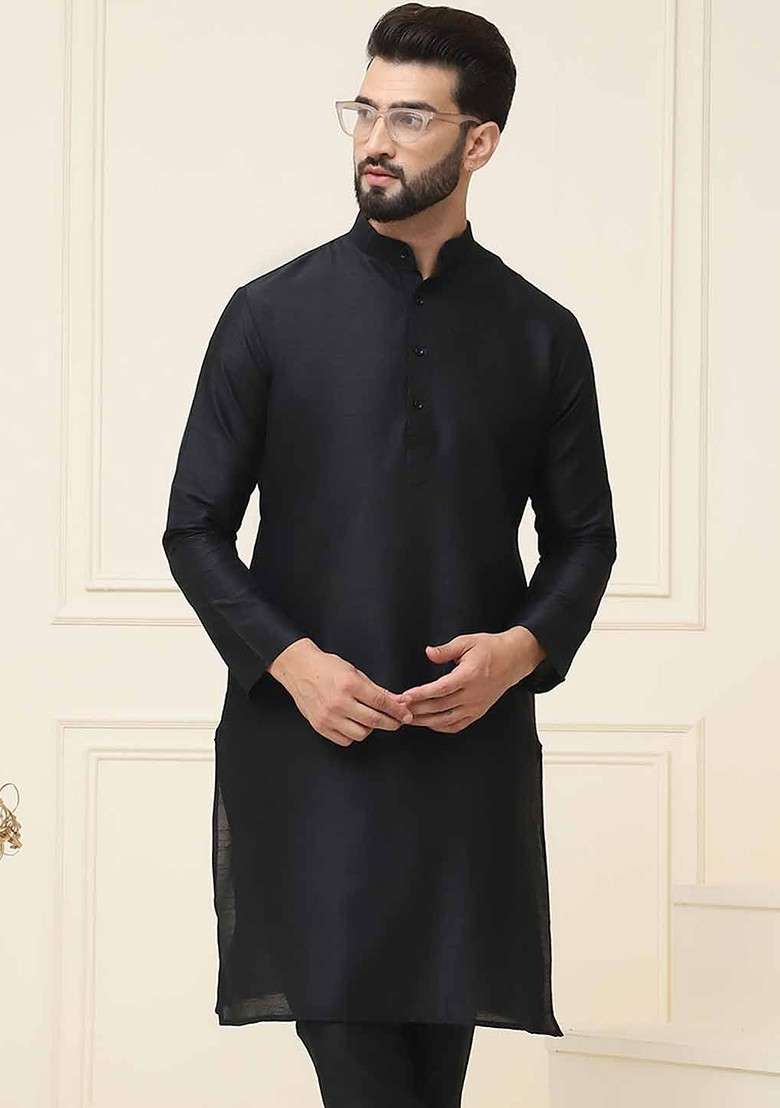 Black Solid Poly Blend Kurta For Men - Indya