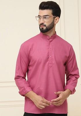 Coral Pink Solid Cotton Kurta For Men