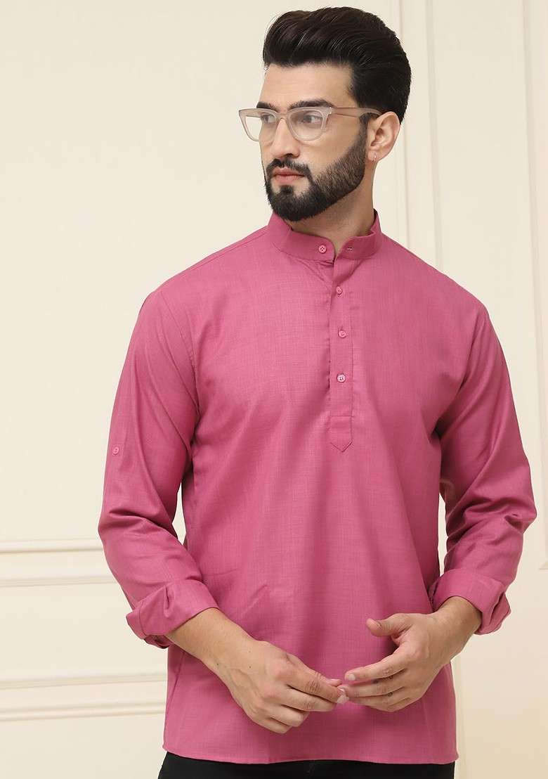 Coral Pink Solid Cotton Kurta For Men - Indya