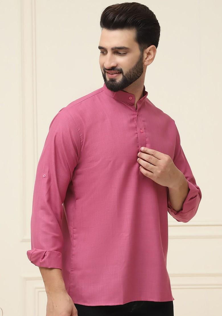 Coral Pink Solid Cotton Kurta For Men