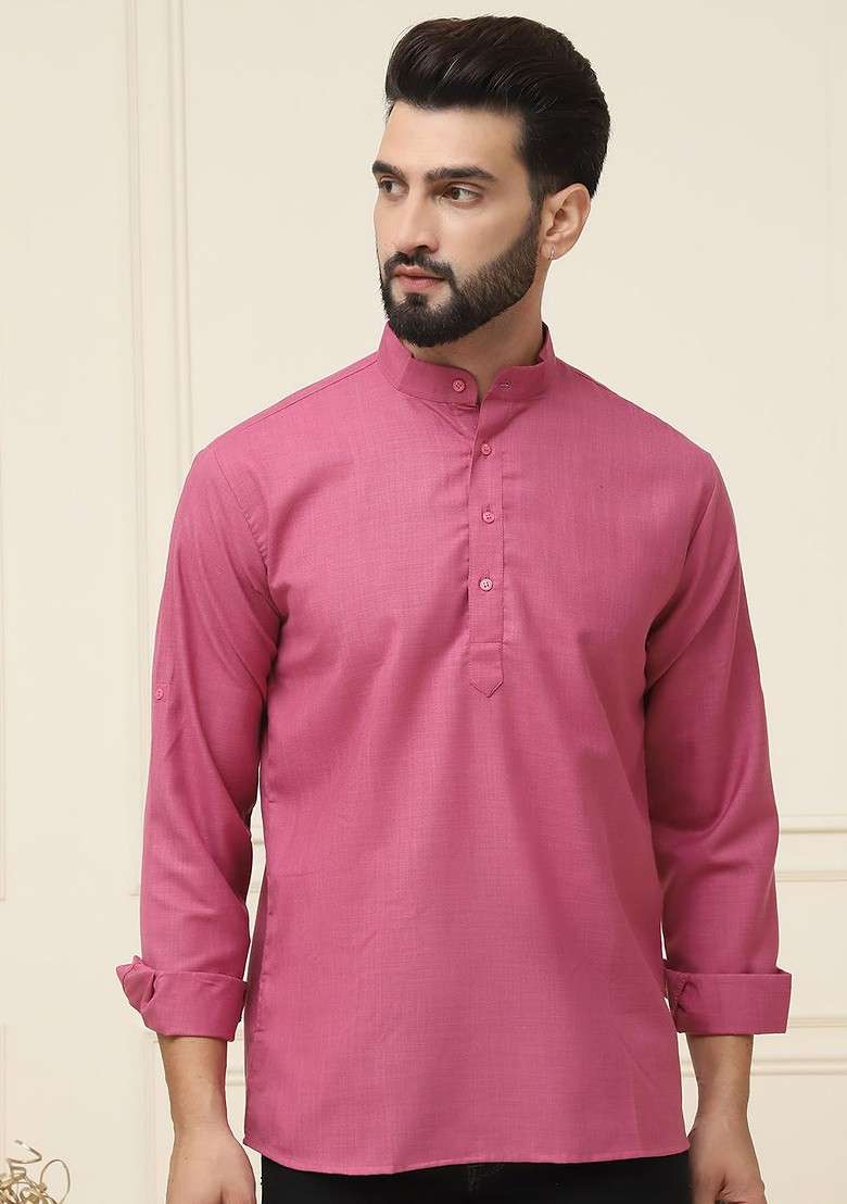 Coral Pink Solid Cotton Kurta For Men - Indya
