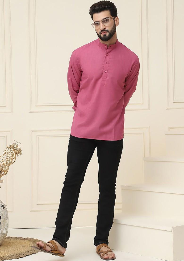 Coral Pink Solid Cotton Kurta For Men