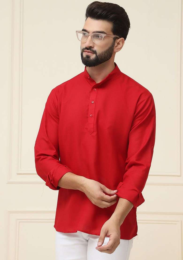 Red Solid Poly Blend Kurta For Men - Indya