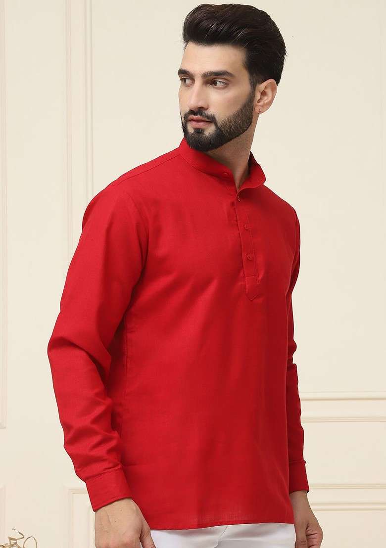 Red Solid Poly Blend Kurta For Men - Indya