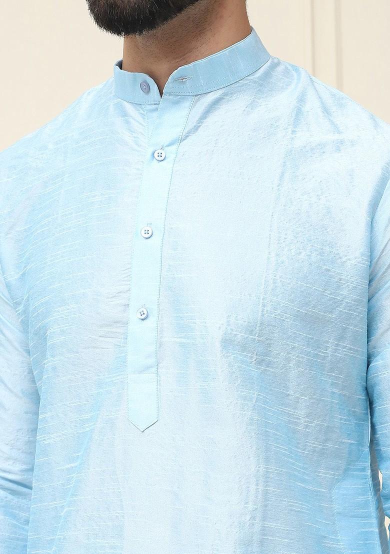 Turquoise Blue Solid Silk Kurta For Men